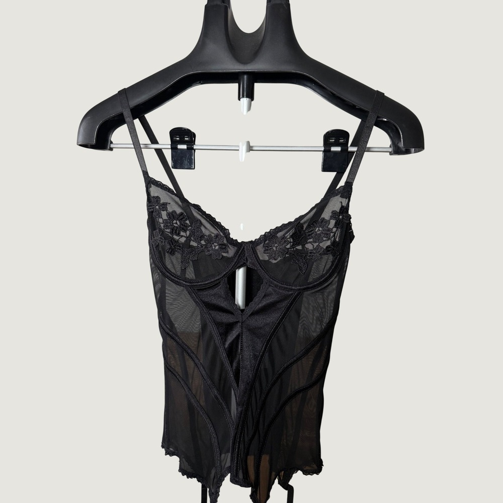 Sheer Black Floral‎ Lace Mesh Bustier Garter Top PL-BE225 Size Large